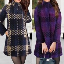 Fashion Long Sleeve Stand Collar Covered Button Lattice Woolen Coat