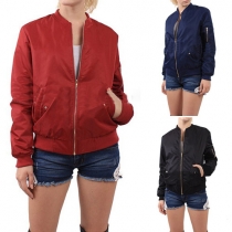 Trendy Solid Color Stand Collar Front Zipper Long Sleeve Women's Jacket