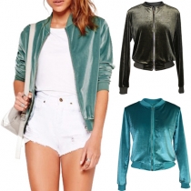 Trendy Solid Color Front Zipper Long Sleeve Stand Collar Jacket
