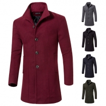 Fashion Solid Color Lapel Long Sleeve Single-breasted Men's Woolen Coat