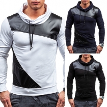 Trendy PU Leather Spliced Long Sleeve Slim Fit Men's Sweatshirt