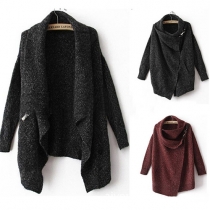 Fashion Solid Color Lapel Long Sleeve Irregular Hemline Hasp Knit Cardigan