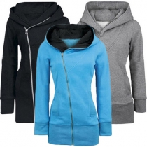 Casual Style Solid Color Oblique Zipper Hooded Long Sleeve Women's Sweatshirt