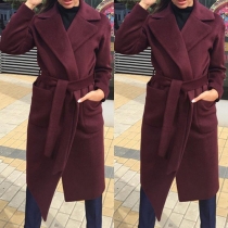 Fashion Solid Color Lapel Long Sleeve Woolen Coat with Waist Strap