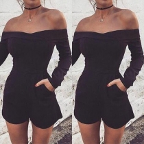 Sexy Solid Color Off Shoulder Long Sleeve Gathered Waist Romper