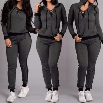 Fashion Front Lace-up Hooded Long Sleeve Tops and Pants Two-piece Set
