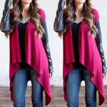 Fashion PU Leather Spliced Long Sleeve Irregular Hemline Cardigan