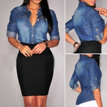 Fashion Lapel Button-tab Sleeve Single-breasted Women's Denim Blouse