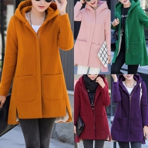 Fashion Solid Color Long Sleeve Front Zipper Hooded Side Slit Women's Coat