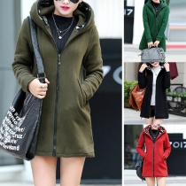 Fashion 2 Side Pockets Front Zipper Long Sleeve Hooded Warm Coat