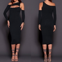 Sexy Solid Color Oblique Shoulder Hollow Out Long Sleeve Bodycon Dress