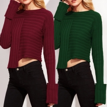 Trendy Solid Color Round Neck Long Sleeve Irregular Hemline Knit Sweater