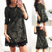 Fashion Lace Spliced Round Neck 3/4 Sleeve Camouflage T-shirt Dress