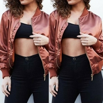 Retro Style Solid Color Front Zipper Long Sleeve Stand Collar Women's Jacket
