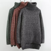 Fashion Solid Color Turtleneck Long Sleeve High-low Hemline Knit Sweater