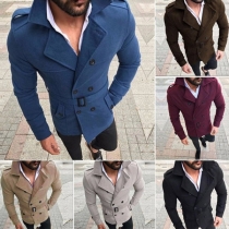 Stylish Solid Color Lapel Long Sleeve Double-breasted Men's Woolen Coat