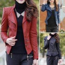 Fashion Solid Color Lapel Oblique Zipper Long Sleeve Slim Fit PU Jacket