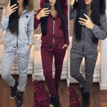 Casual Style Front Zipper Hooded Long Sleeve Sweatshirt and Pants Two-piece Set