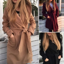 Fashion Solid Color Lapel Long Sleeve Hooded Gathered Waist Women's Woolen Coat