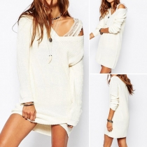 Sexy Solid Color V-neck Long Sleeve Sweater Dress
