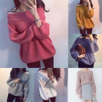 Sweet Style Solid Color Off Shoulder Puff Sleeve Relaxed Knit Sweater