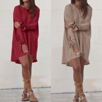 Fashion Solid Color Round Neck Long Sleeve Bowknot High-low Hemline Dress