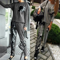 Fashion Sequin Spliced Round Neck Long Sleeve Sports Suit