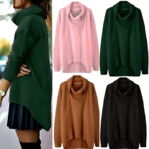 Trendy Solid Color Turtleneck Long Sleeve High-low Hemline Sweater