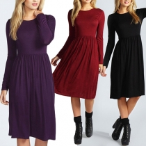 Casual Style Solid Color Round Neck Long Sleeve Gathered Waist Dress