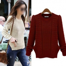 Stylish Solid Color Round Neck Long Sleeve Side Slit Twist Knit Sweater
