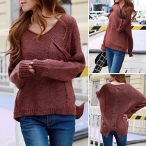 Trendy Long Sleeve V-neck Back Hollow Out High-low Hemline Knit Sweater