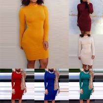 Sexy Solid Color Turtleneck Long Sleeve Bodycon Dress