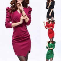 Elegant Solid Color V-neck Long Sleeve Irregular Hemline Dress