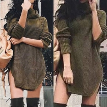 Trendy Solid Color Turtleneck Long Sleeve Side Slit Women's Sweater