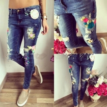 Fashion Flowers Ripped Skinny Jeans For Women