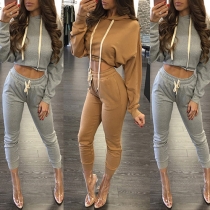 Sexy Solid Color Hooded Long Sleeve Crop Tops and Pants Two-piece Set