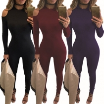 Sexy Solid Color Round Neck Long Sleeve Cold Shoulder Slim Fit Jumpsuit