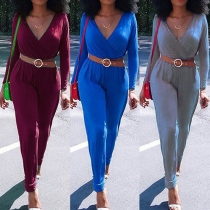 Sexy Solid Color V-neck Long Sleeve Jumpsuit with Waist Strap