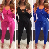 Casual Style Solid Color Front Lace-up Deep V-neck Long Sleeve Jumpsuit