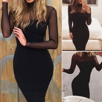 Sexy Solid Color Gauze Spliced Mock Neck Long Sleeve See-through Dress