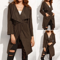 Trendy Solid Color Lapel Long Sleeve Trench Coat with Waist Strap