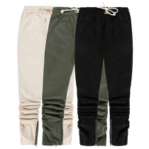 Casual Style Side Zipper Crinkle Drawstring Waist Men's Pants