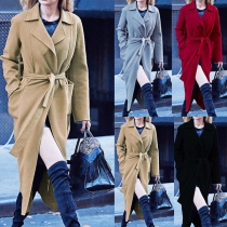 Fashion Solid Color Zipper Lapel Long Sleeve Gathered Waist Trench Coat