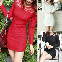 Elegant Round Neck Long Sleeve Crochet Hollow Out Slim Fit Lace Dress