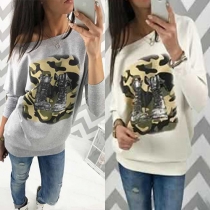 Fashion Camouflage Printed Oblique Shoulder Long Sleeve Tops