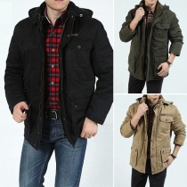 Fashion Solid Color Front Zipper Long Sleeve Hooded Men's Warm Padded Coat