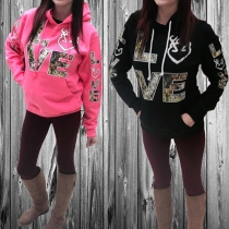 Casual Style Printed Front Pocket Long Sleeve Hooded Women's Sweatshirt