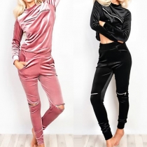 Fashion Solid Color Front Zipper Long Sleeve Tops + Knee Zipper Pants Two-piece Set