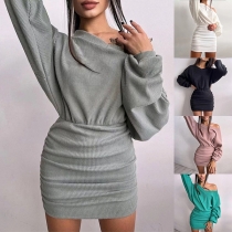 Sexy Solid Color Off Shoulder Bat Sleeve Gathered Waist Dress