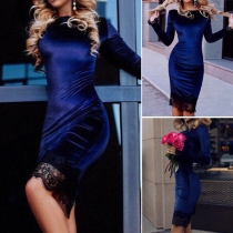 Sexy Lace Spliced Round Neck Long Sleeve Slim Fit Dress